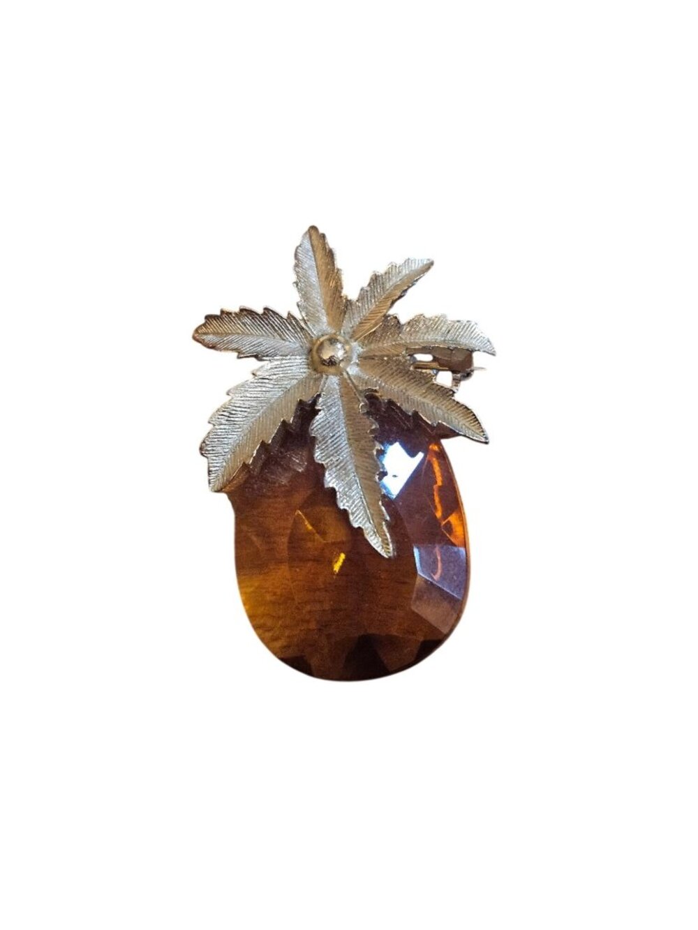 Gold-Tone Sarah Coventry Amber Rhinestone Palm Leaf Brooch Pin